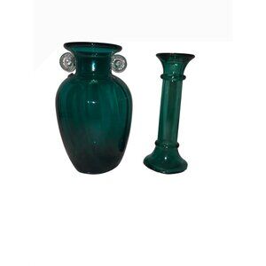 Vintage Italian Green Glass‎ Vase & Candle Holder Set - 7.5” Tall